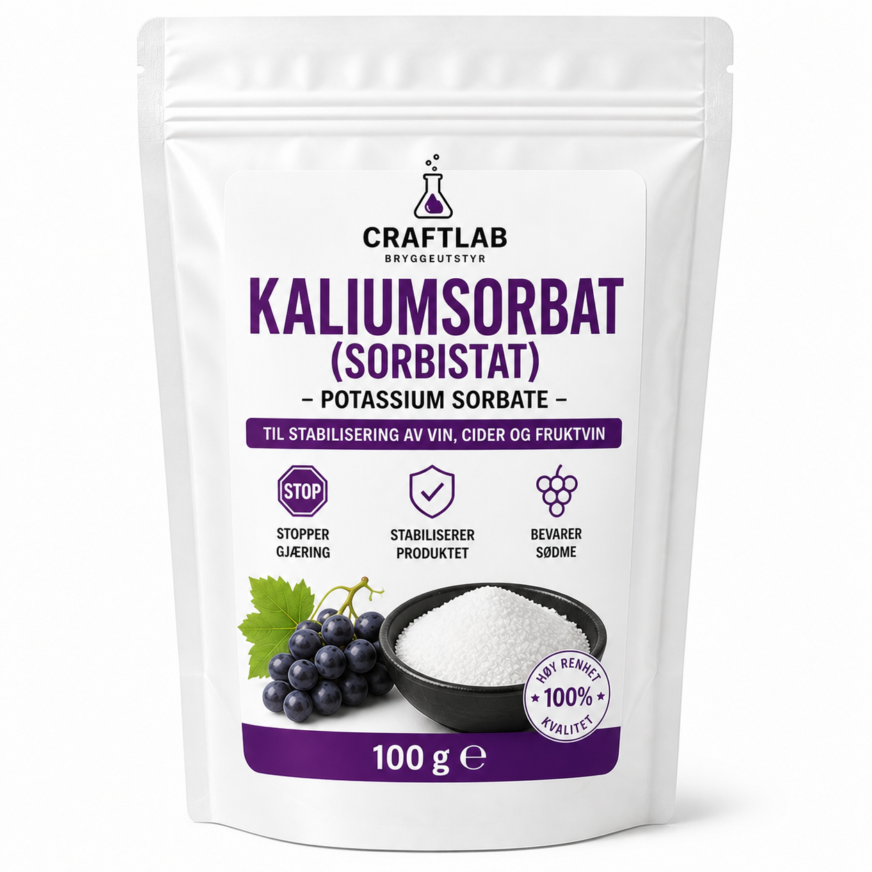 Kaliumsorbat – stabilisator for vin og sider, 100 g