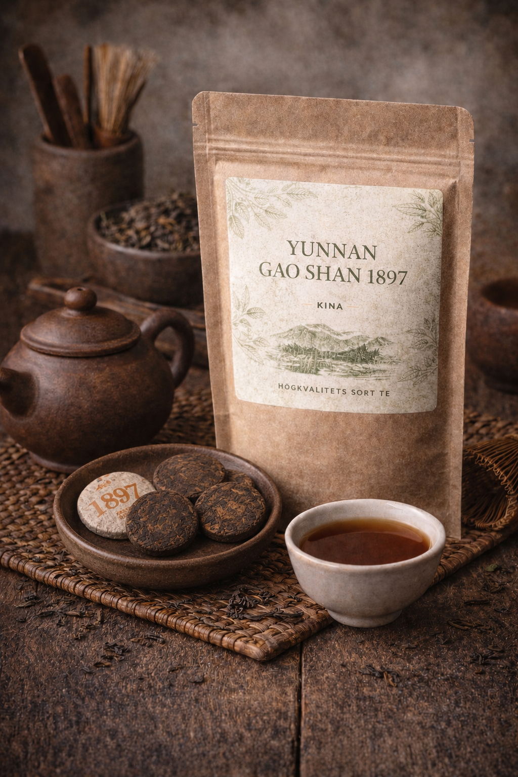 Yunnan Gao Shan 1897 – shu pu-erh, pakke med pressa mørk te frå Yunnan