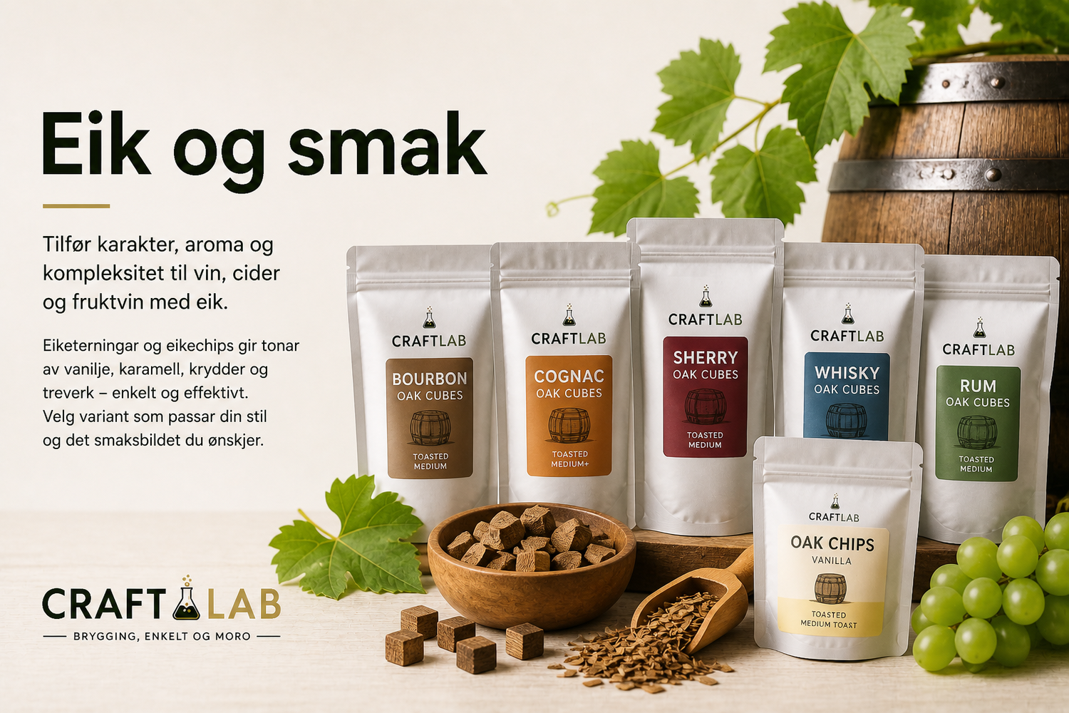 Eikechips og eiketerningar til smaksetjing av vin og sider