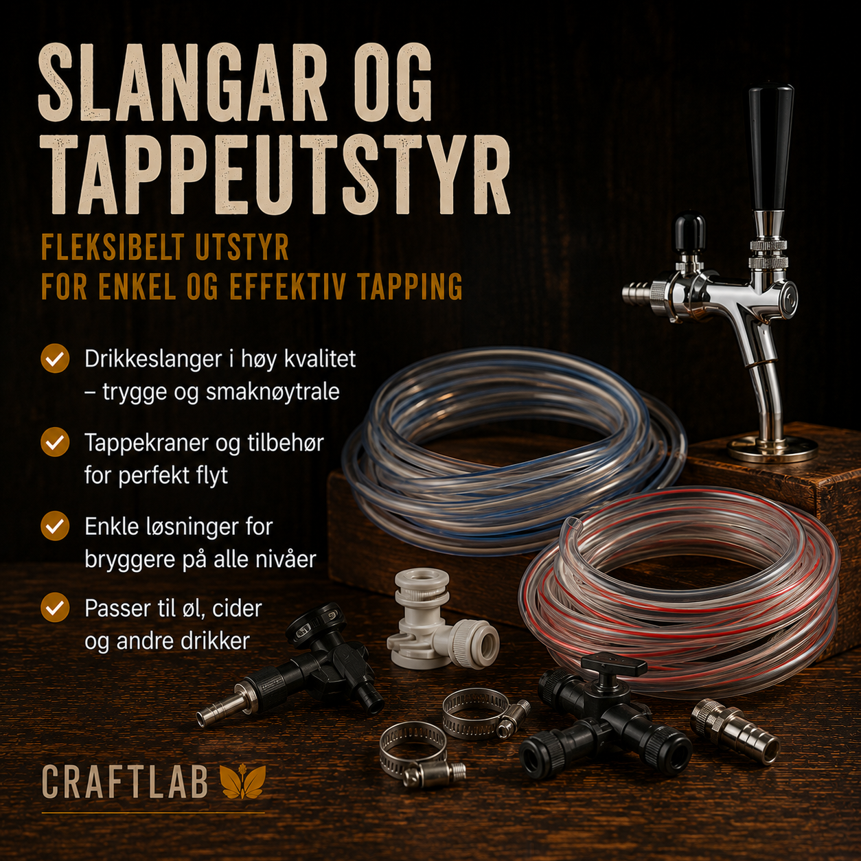 Slangar og tappeutstyr til øl og sider hjå CraftLab