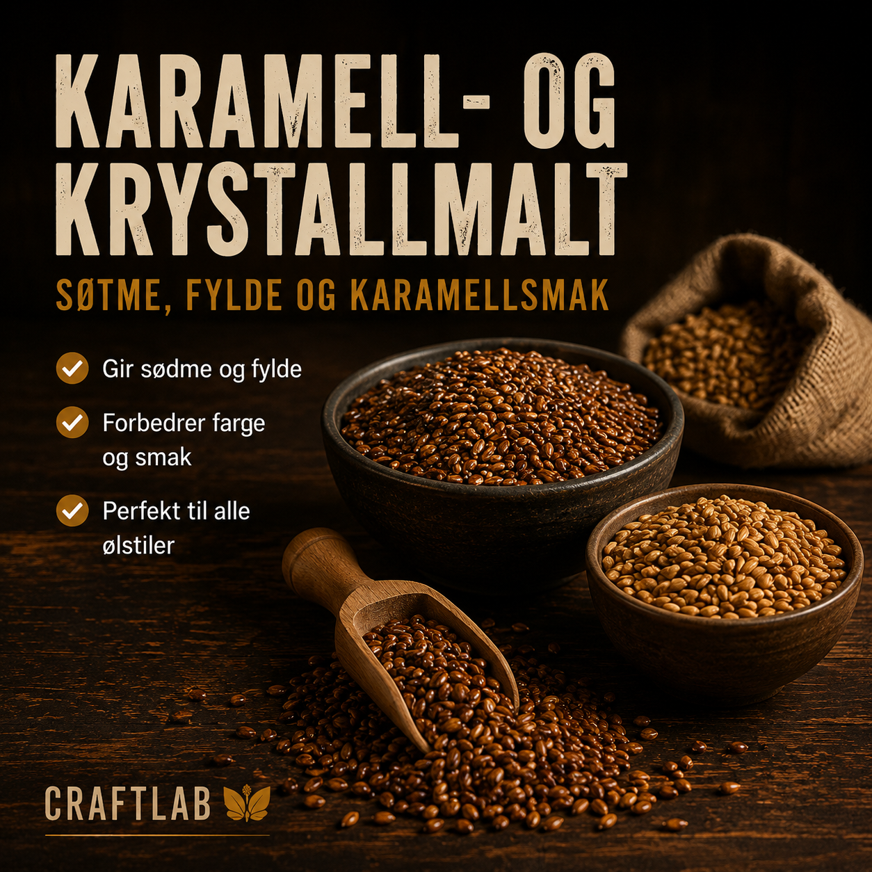 Karamell- og krystallmalt til ølbrygging hjå CraftLab