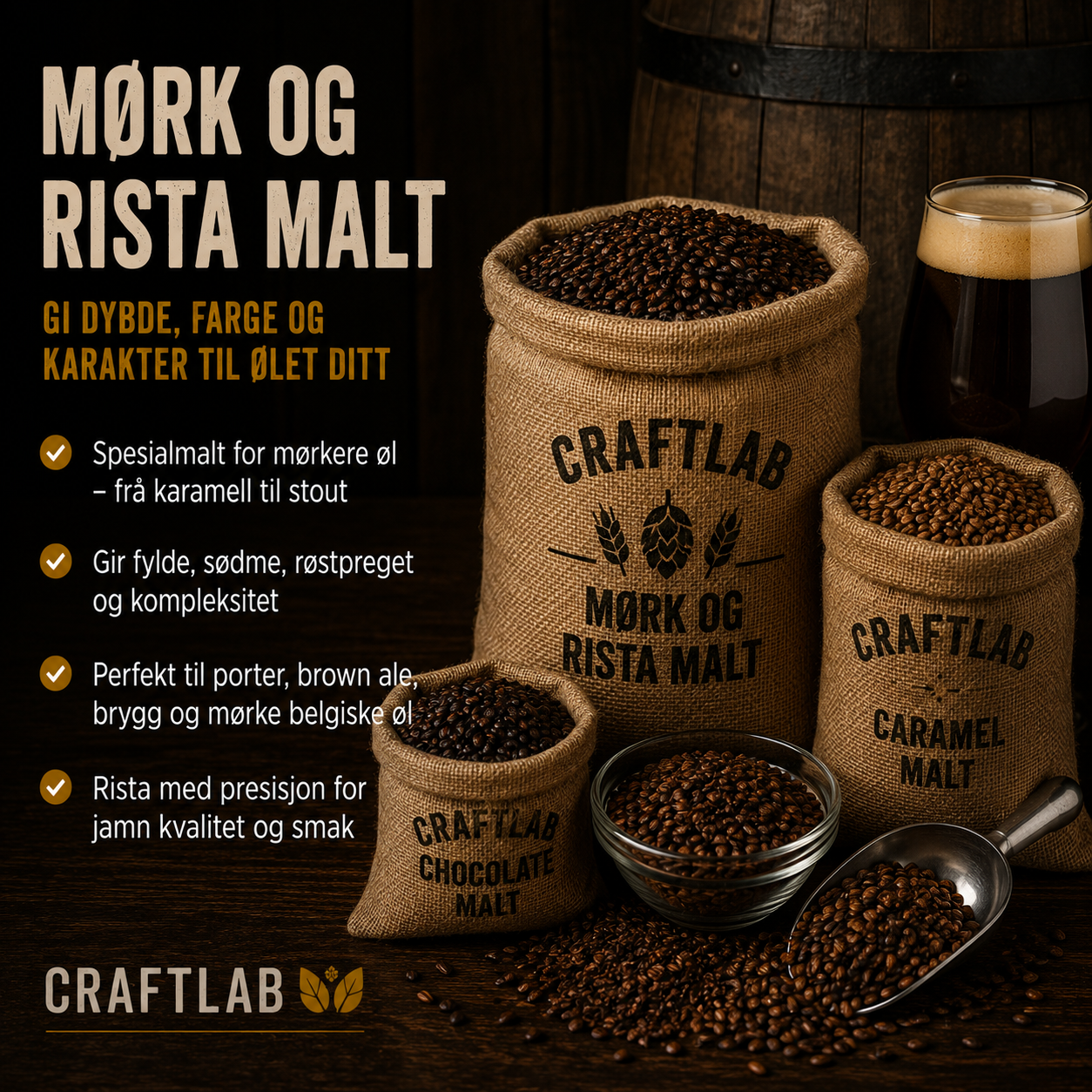 Mørk og rista malt til porter og stout hjå CraftLab