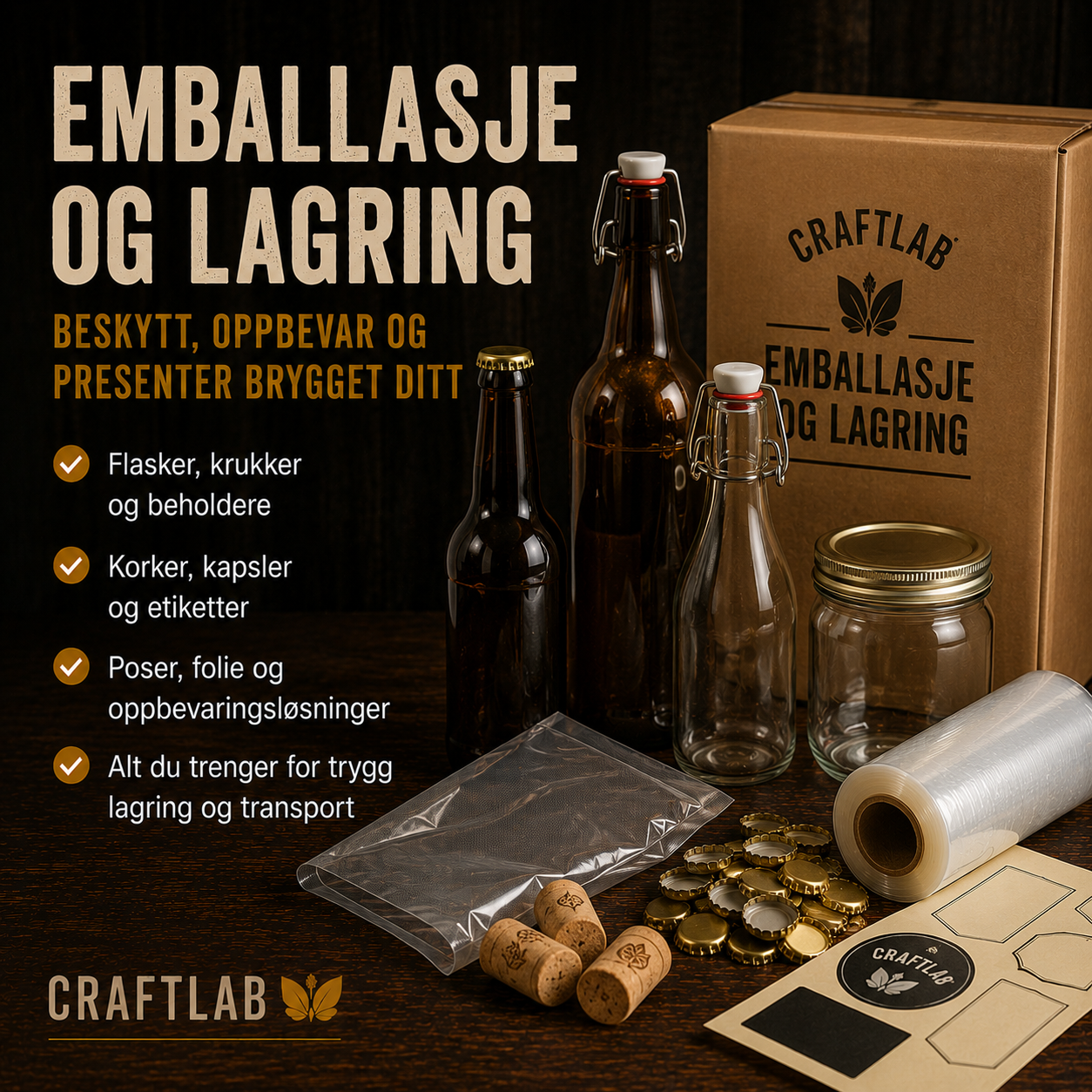Emballasje og lagring til øl, sider og vin hjå CraftLab