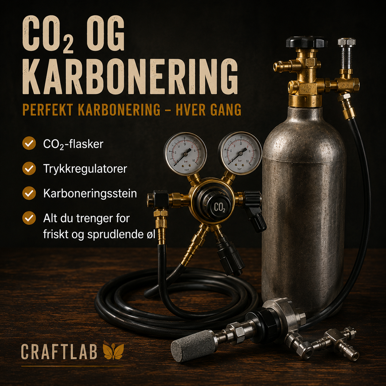 CO₂-utstyr og karbonering til heimebrygging hjå CraftLab