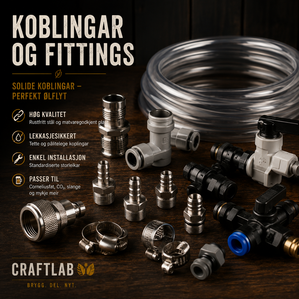 Koblingar og fittings til bryggeutstyr hjå CraftLab