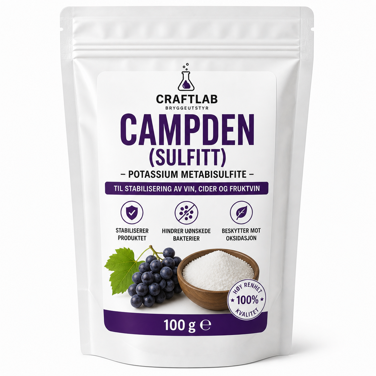 Campden (sulfitt) – stabilisator og antioksidant for vin og sider, 100 g – bilete 1