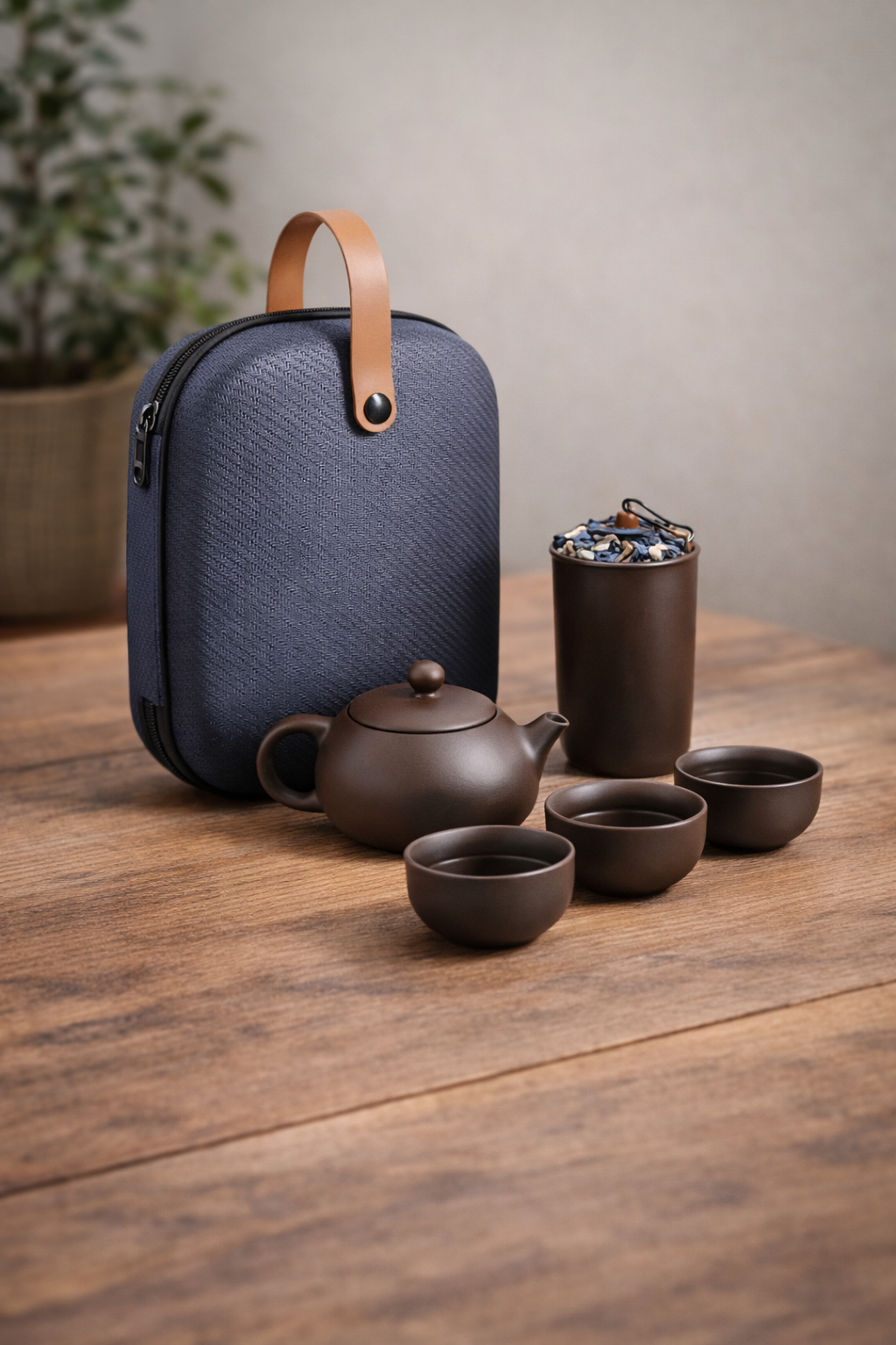 Reisesett for te – tekanne, 4 koppar og etui (keramikk)