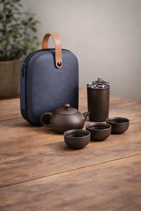Reisesett for te – tekanne, 4 koppar og etui (keramikk)