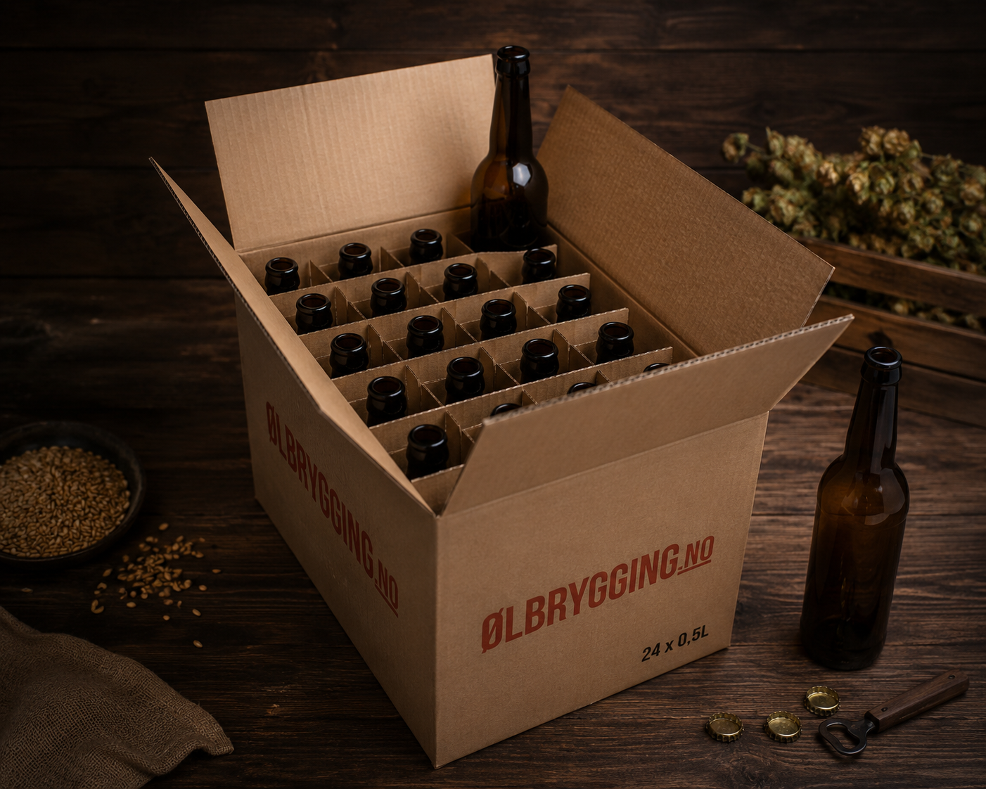 Brune ølflasker 0,5 L – 24 stk med eske